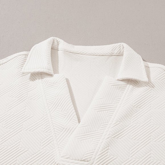 White Short Sleeve Top With Gold Embroidered Placket And V-Neck Detailing Lightweight Cotton Blend